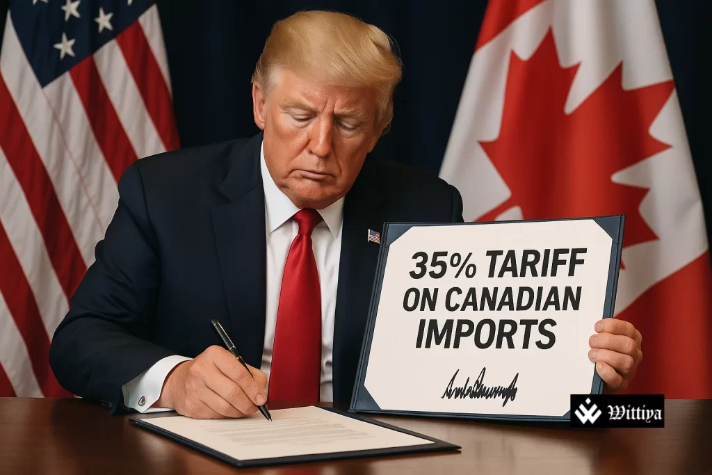 U.S. President Donald Trump waving, Canadian maple leaf flag juxtaposed with fentanyl pills and tariff percentage signs