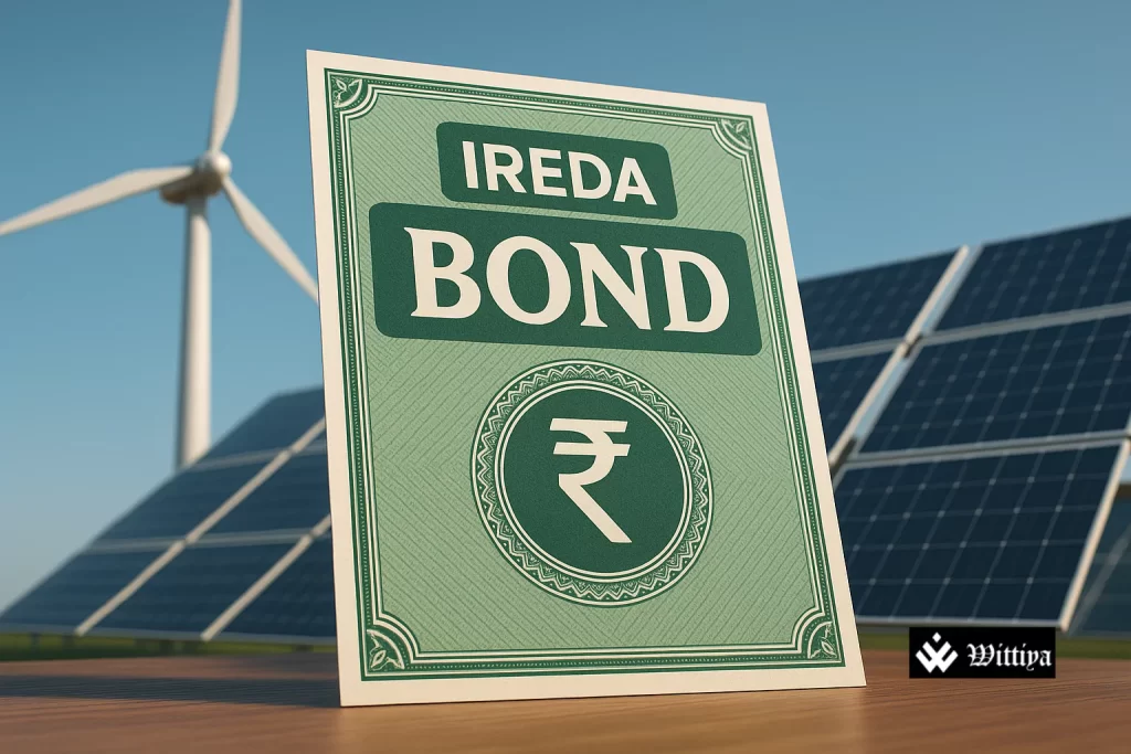 Investment bonds labeled IREDA in front of solar panels and wind turbines in India