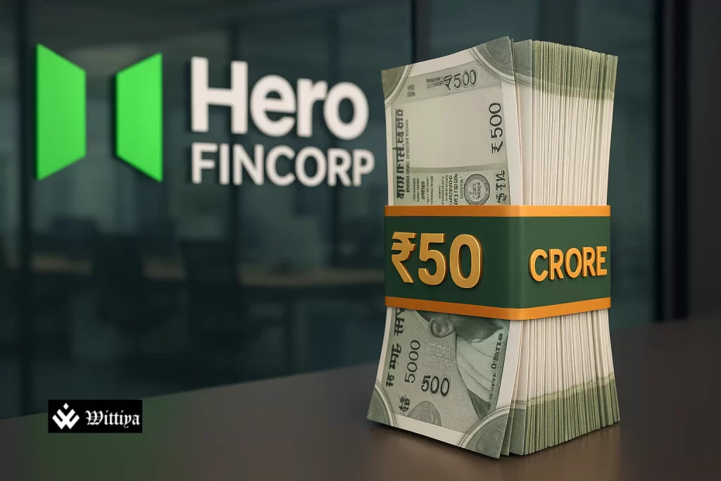 Hero FinCorp IPO promotional material with brand logo and announcement of ₹1,790 Cr fresh issue adjusted after Vattikuti acquisition