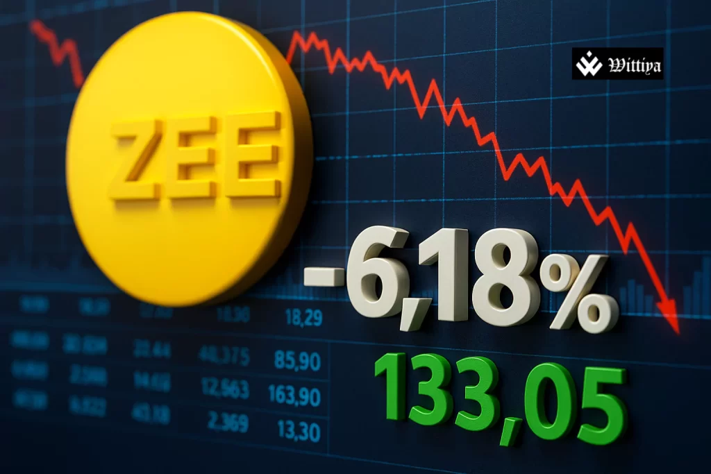 Zee Entertainment logo with shareholder voting percentage showing 59.5% approval and protest signs in background