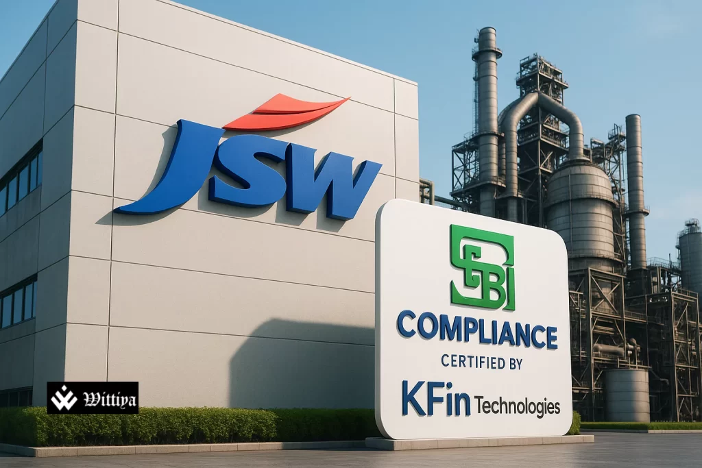 JSW Steel logo with SEBI filing document and steel factory background