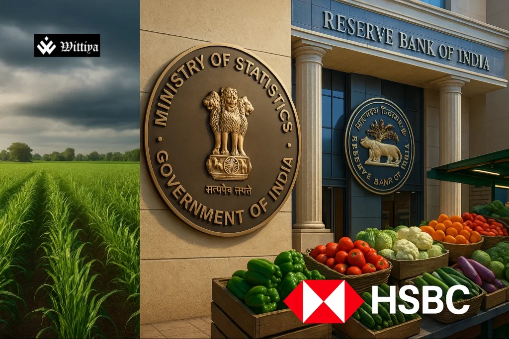 Indian farmer in rain-soaked field with falling prices graphic