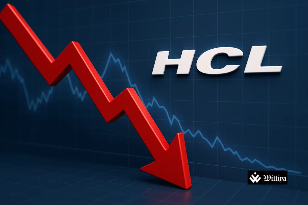 HCL Tech logo with falling stock chart and investor concern