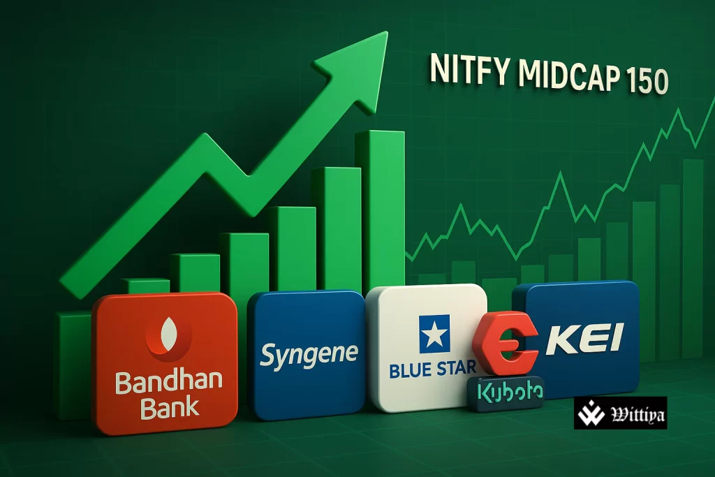 Top performing stocks on Nifty Midcap 150 index with rising candlestick chart