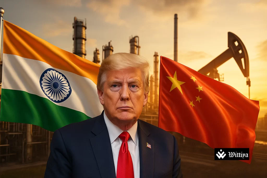 Donald Trump pointing at oil rig with warning symbol overlay