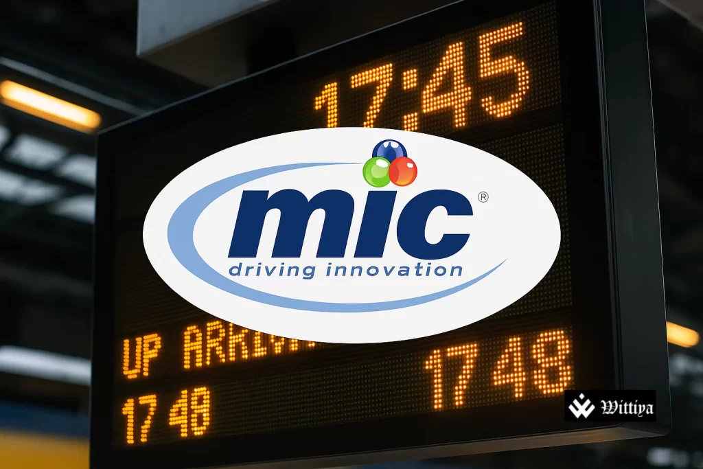 MIC Electronics logo with railway tracks and ₹128 Cr contract highlighted, shares rising chart