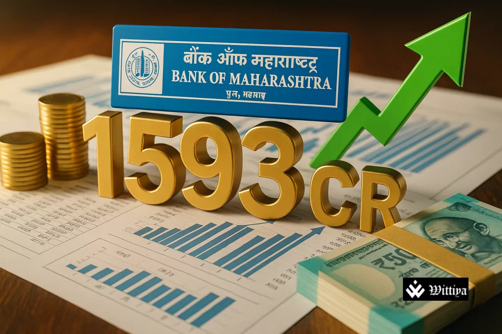 Bank of Maharashtra logo with ₹1,593 Cr profit figure and upward stock graph