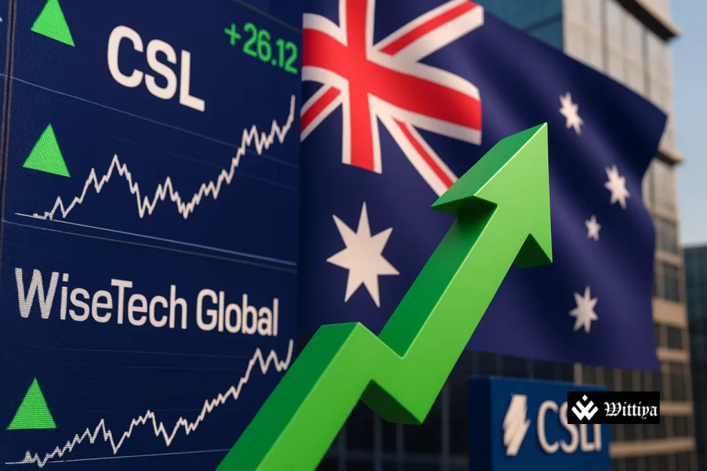 Australian stock chart hitting record high with US flag and tariff symbol