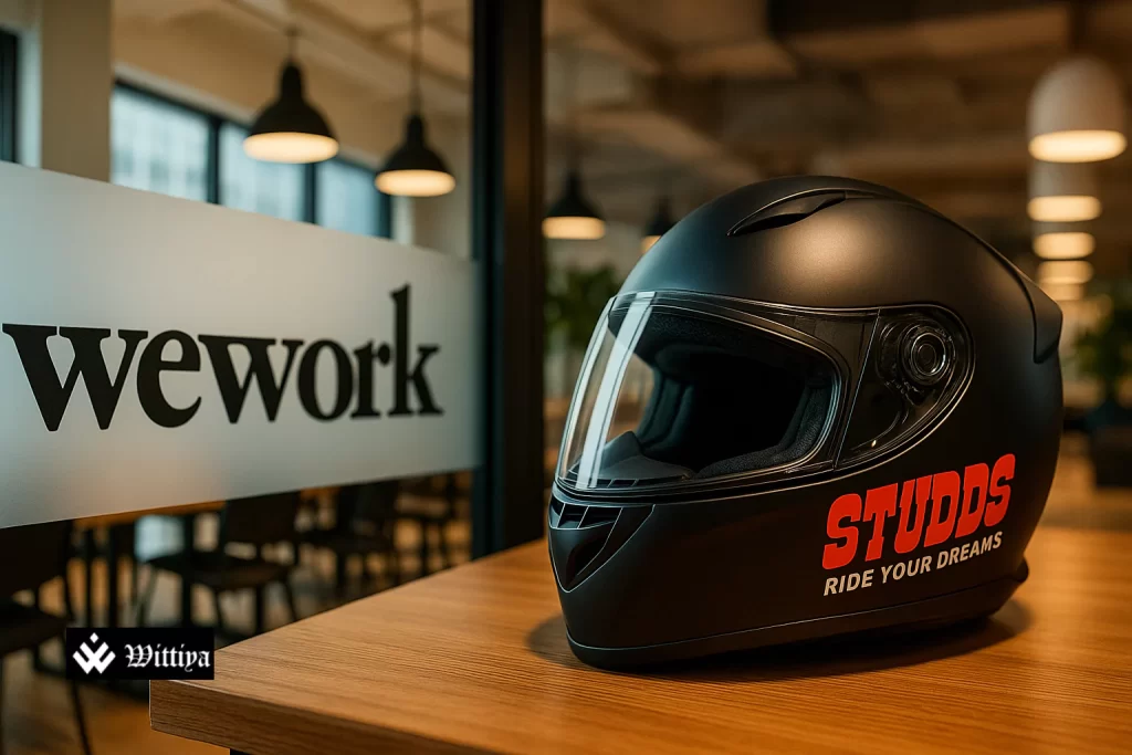 WeWork and Studds logos with ₹ valuation bars and IPO rocket icon