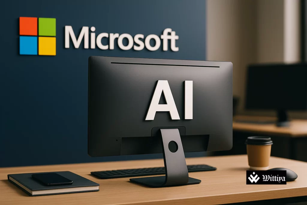 Microsoft logo with AI and layoff icons highlighting controversy