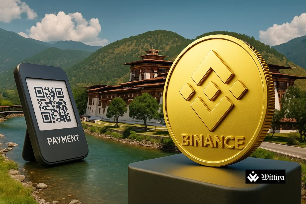 tourists using cryptocurrency app in Bhutan landscape