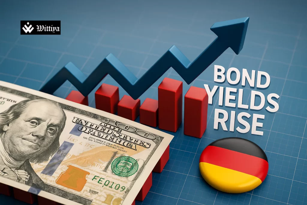 Donald Trump speaking at a podium with financial charts in the background representing European debt markets