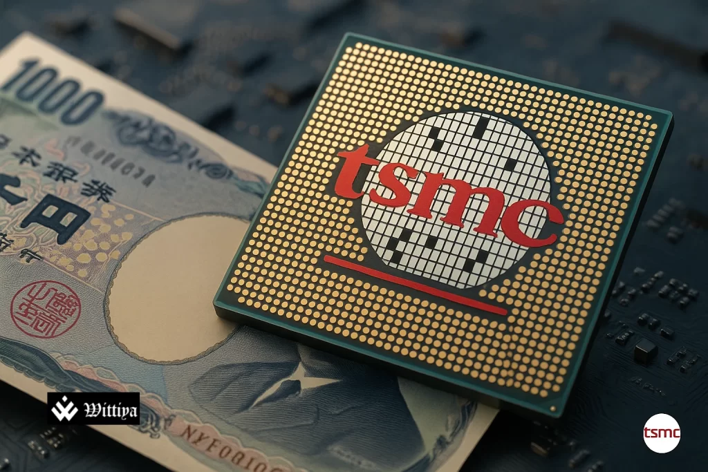 Japanese yen currency with semiconductor chips and stock market graph