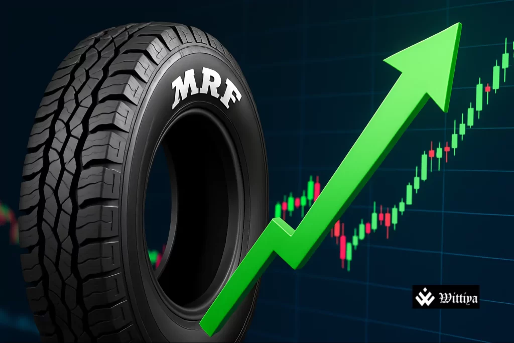 MRF Limited logo with rising stock chart and Indian rupee symbols