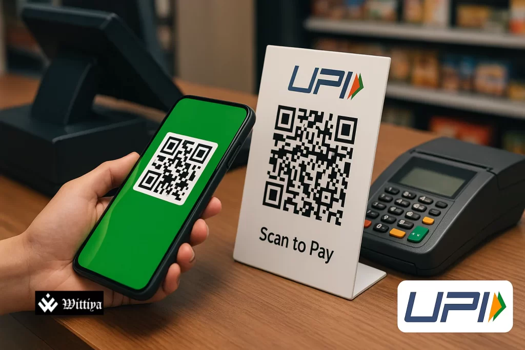 UPI payment interface with tax audit icons and Indian merchants in background