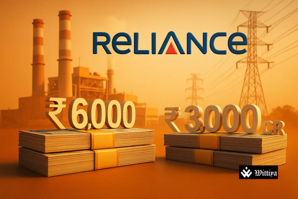 Reliance Power logo with financial documents, stock charts, and rupee symbols