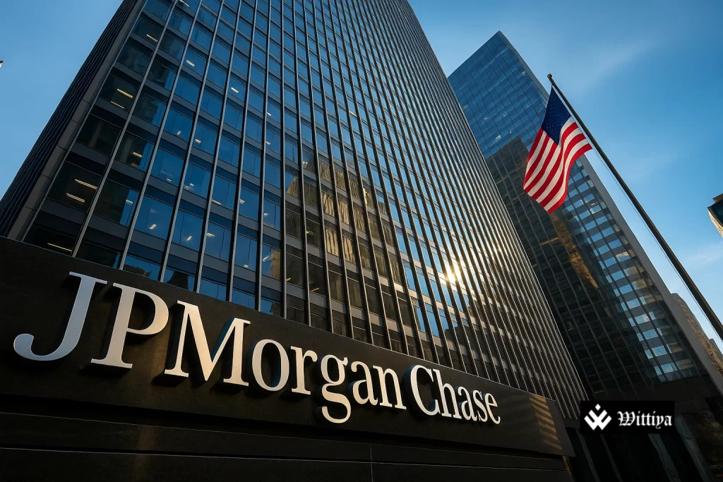 JPMorgan Chase headquarters with profit growth chart and dollar symbols