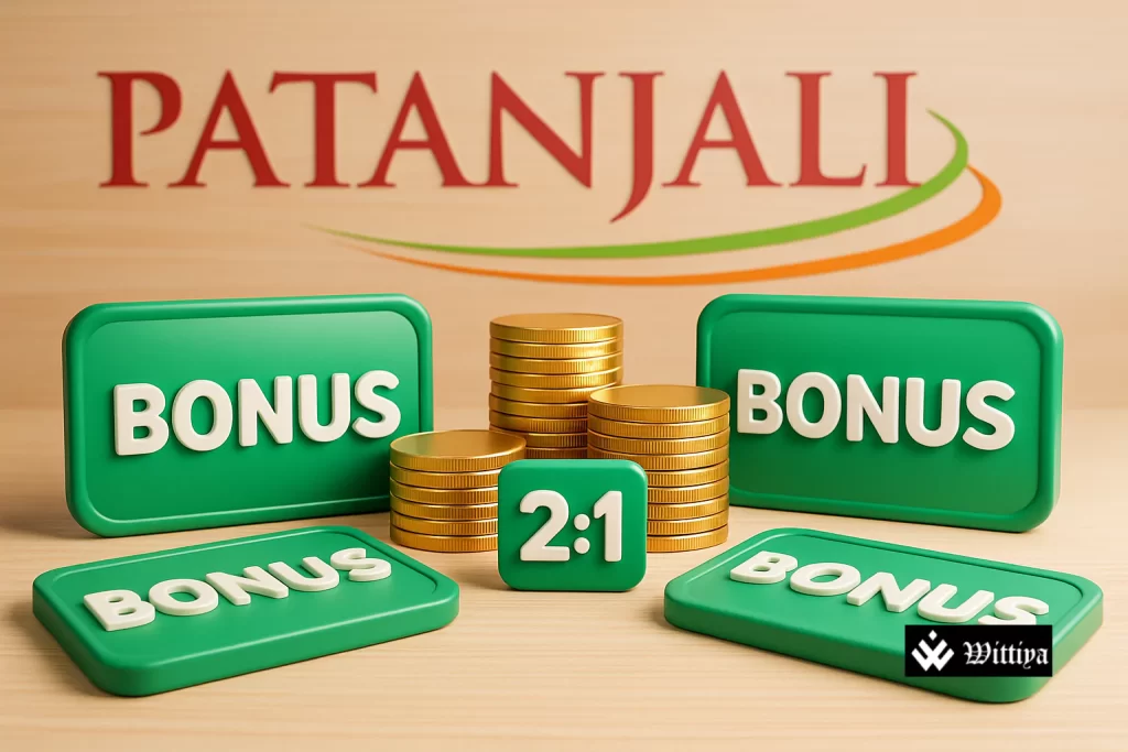 Patanjali Foods logo with happy shareholders and bonus share certificate
