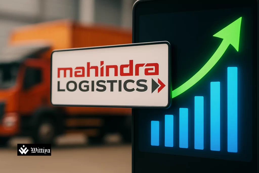 Mahindra Logistics logo with falling share price and discount offer graphics