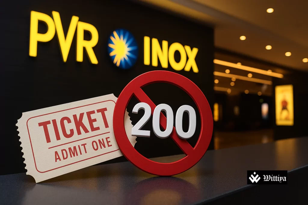 PVR and Inox cinema logos with moviegoers at a ticket counter and a ₹200 price tag