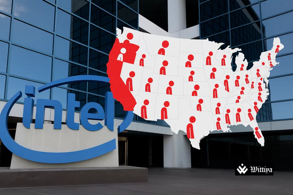 Intel logo with factory production line and overlay of declining AI icon and job reduction graphics