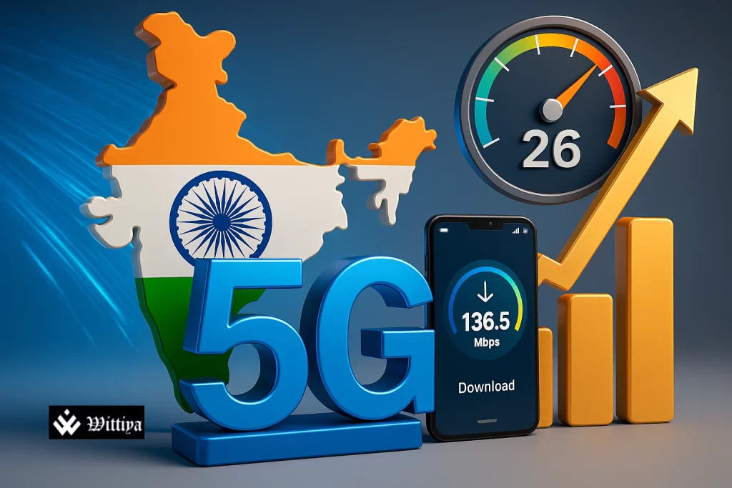Smartphone displaying fast global mobile internet speed tests with India highlighted on a world map