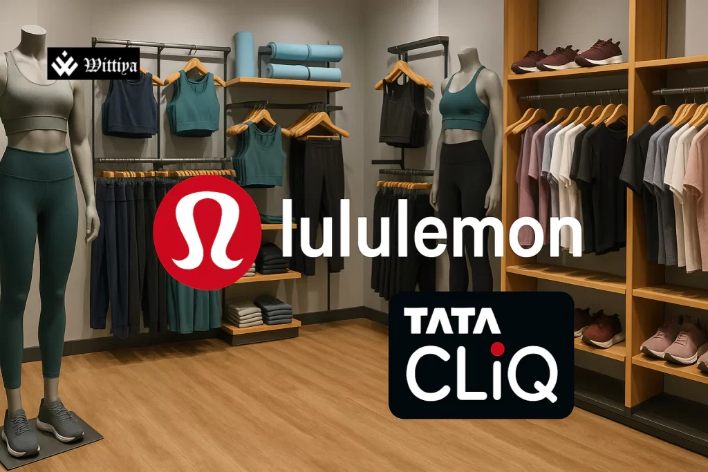 Indian shoppers browsing athleisure apparel resembling Lululemon in a stylish retail setting
