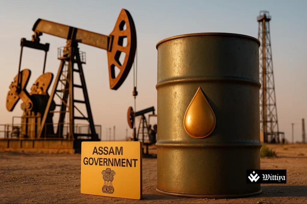 Assam government oil venture inauguration with oil rig and state officials