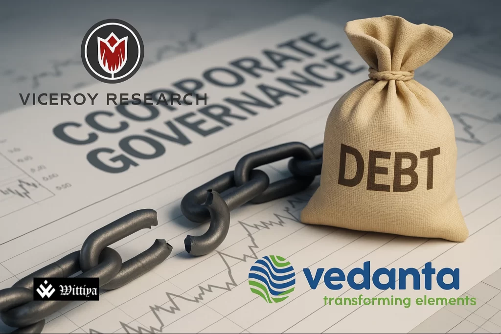 Viceroy Research logo over a background of financial reports and Vedanta stock chart
