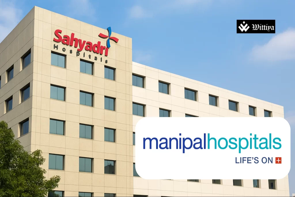 Manipal Hospitals logo alongside Sahyadri Hospital building with overlay of land use dispute maps and dollar‑rupee value indicators