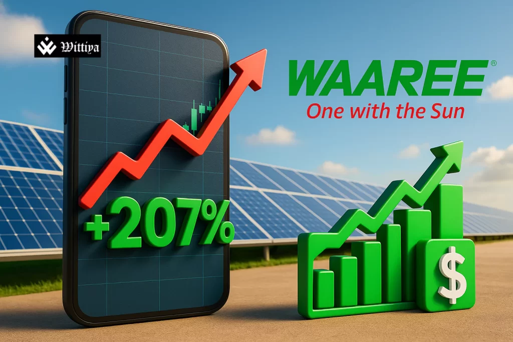 Waaree Solar EPC plant with rising stock market graph showcasing record Q1 profits and revenue surge