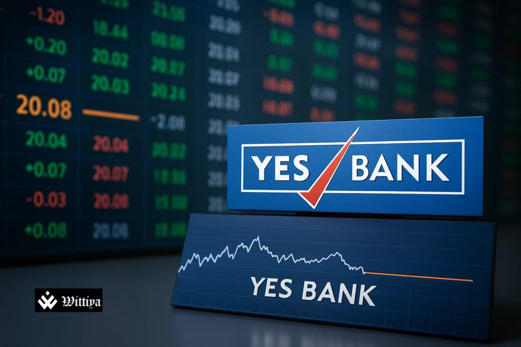 Yes Bank logo with flatline stock graph representing subdued trading ahead of muted Q1 results