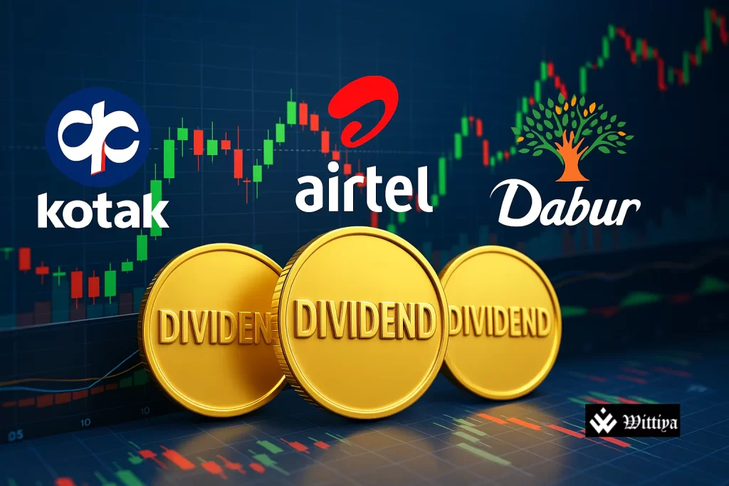 Collage of dividend-paying company logos with rising dividend yield chart and money symbols