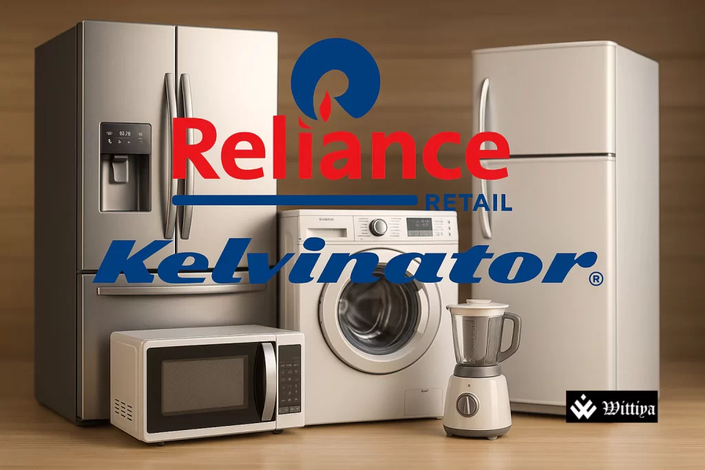 Reliance Retail logo alongside Kelvinator appliance range and upward arrow indicating consumer durables expansion