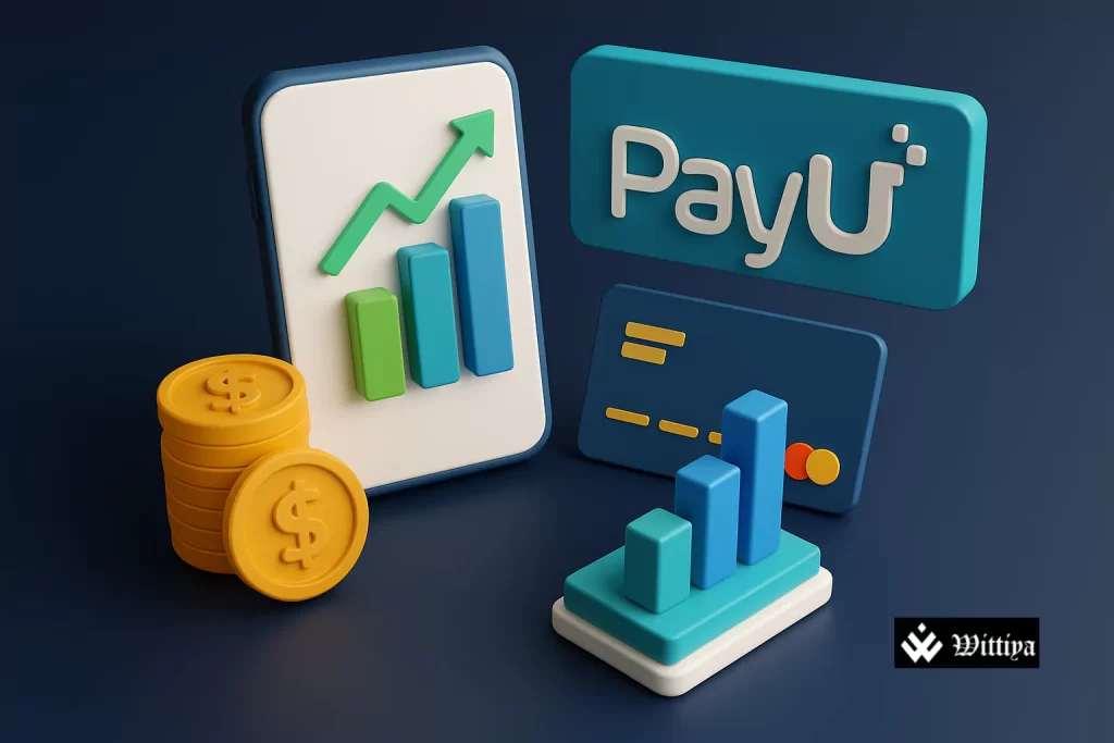 PayU India logo with growth chart showing FY25 payment breakeven and $100 billion payment target