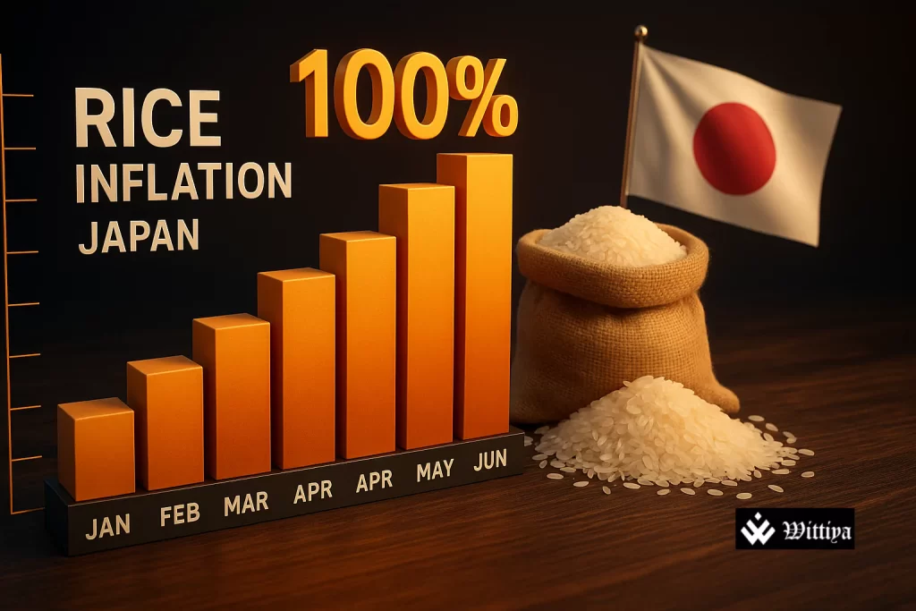Japanese shopper in supermarket aisle with rising rice prices and economic storm graphics in the background