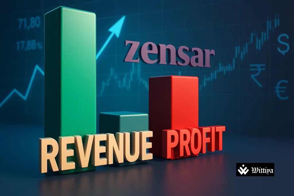 Zensar Technologies office building with quarterly financial chart