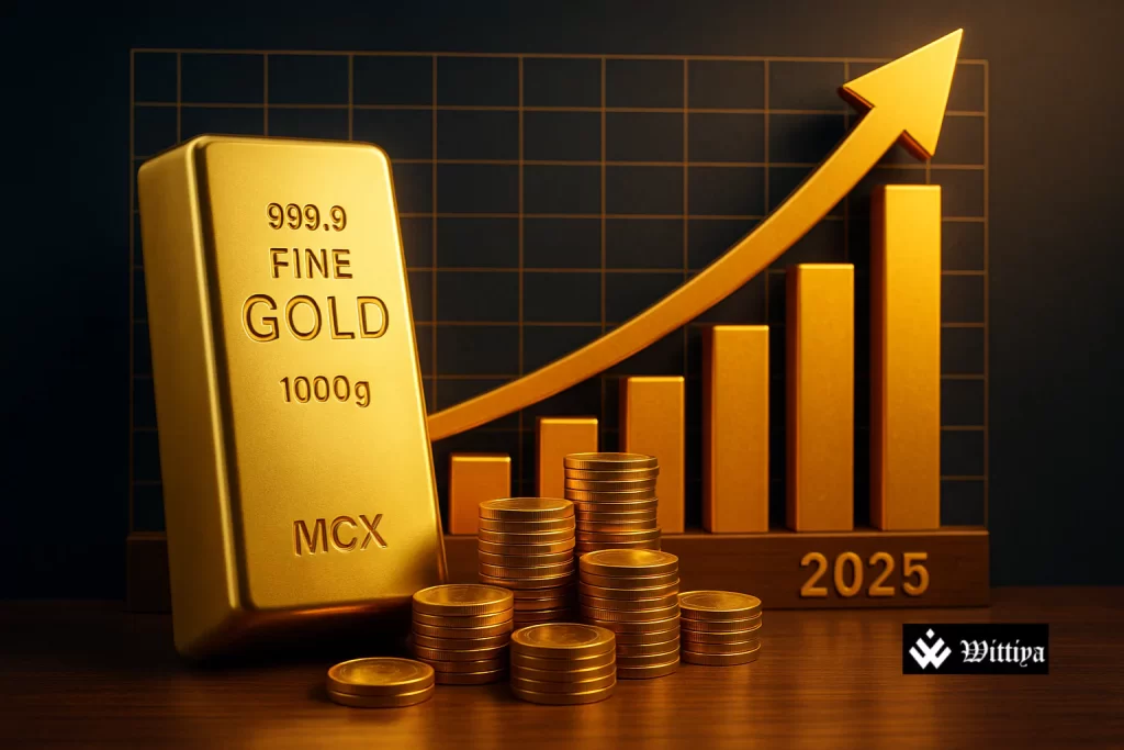 Stacked gold bars with rising financial graph over six years