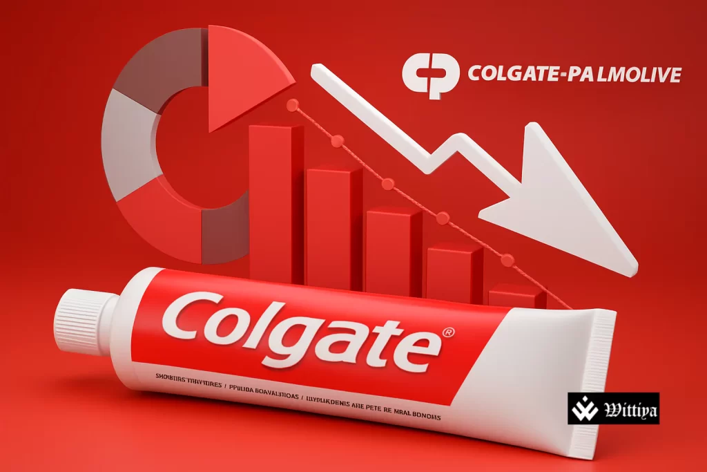 Colgate toothpaste products on store shelf with downward sales chart