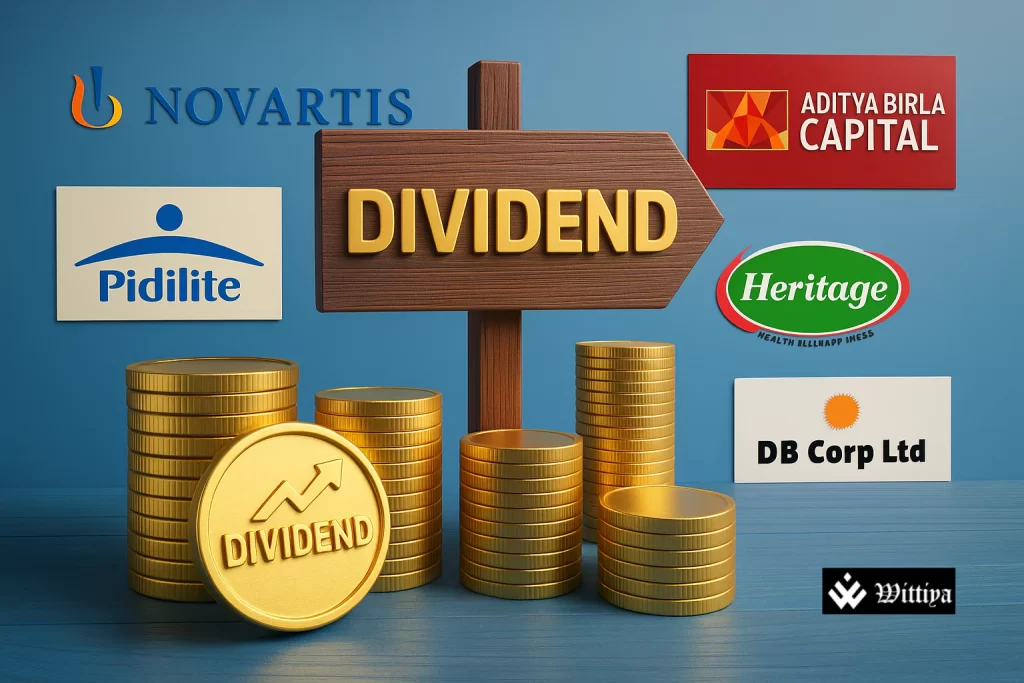 Calendar marked July 23 with corporate buildings and dividend charts
