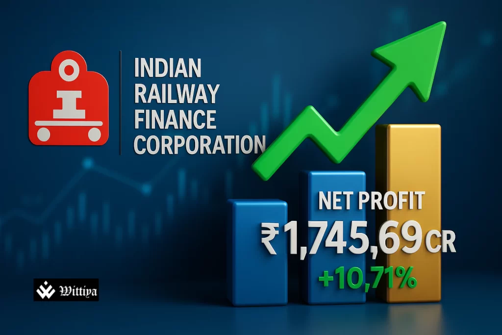 Indian Railway Finance Corporation building with upward profit chart