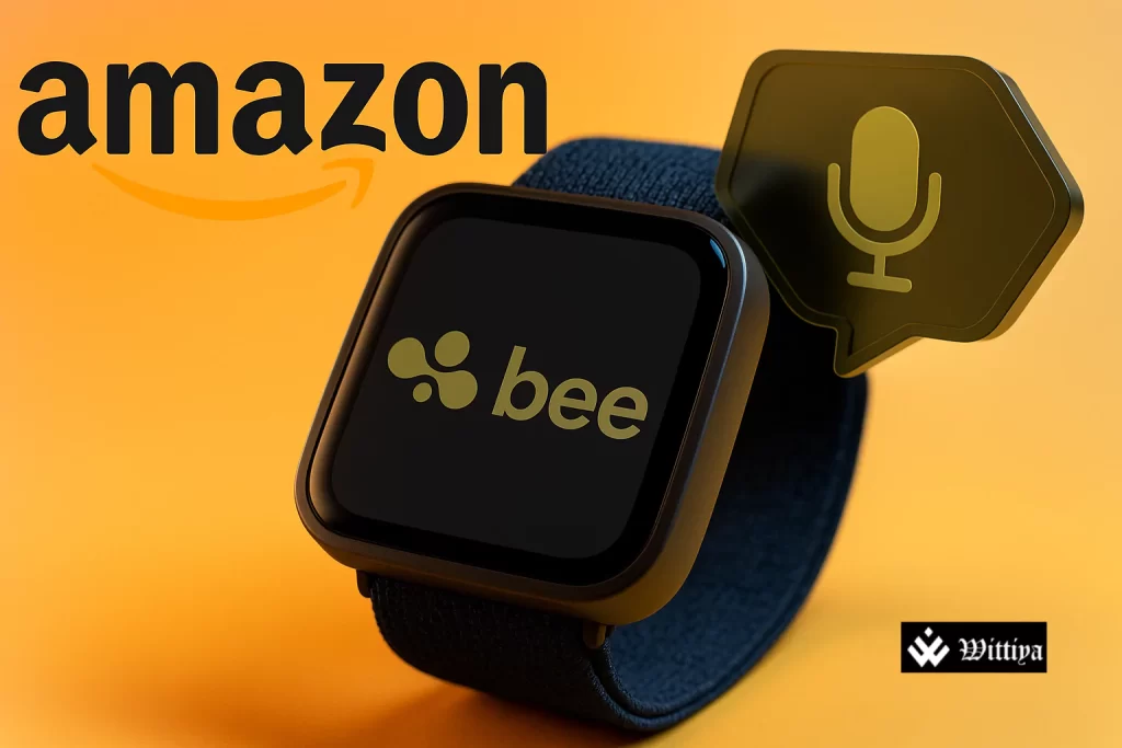 Amazon logo with AI circuitry and Bee company logo integration