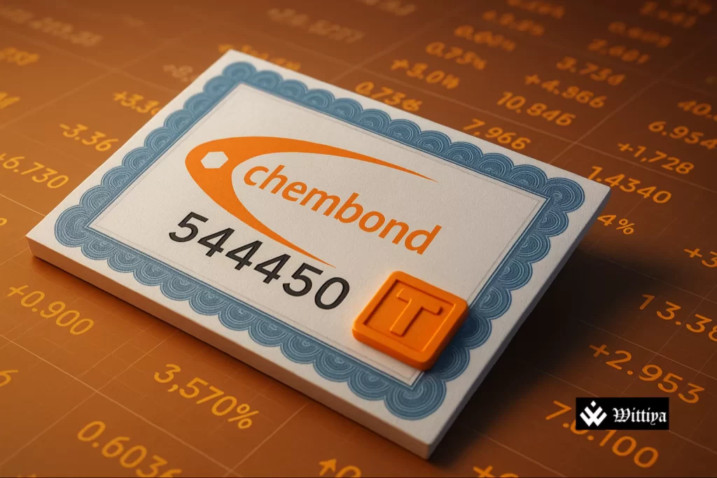 Chembond company logo with stock market listing board