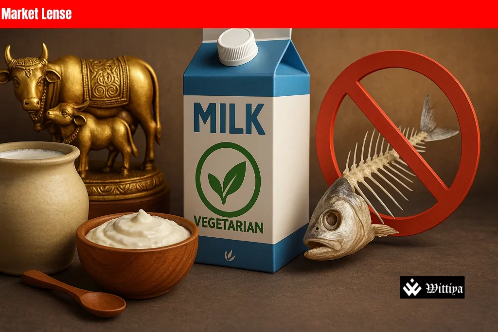 Milk glass with animal enzymes label and India-US trade symbols