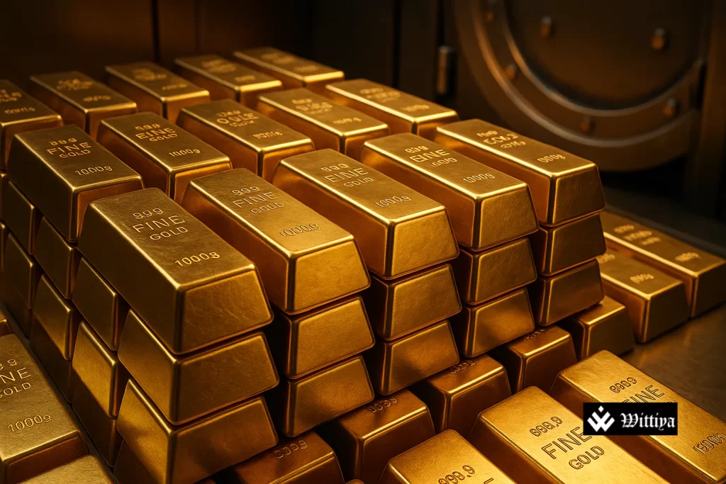 Gold bars and coins symbolizing the uncertain future of gold as a safe haven investment.