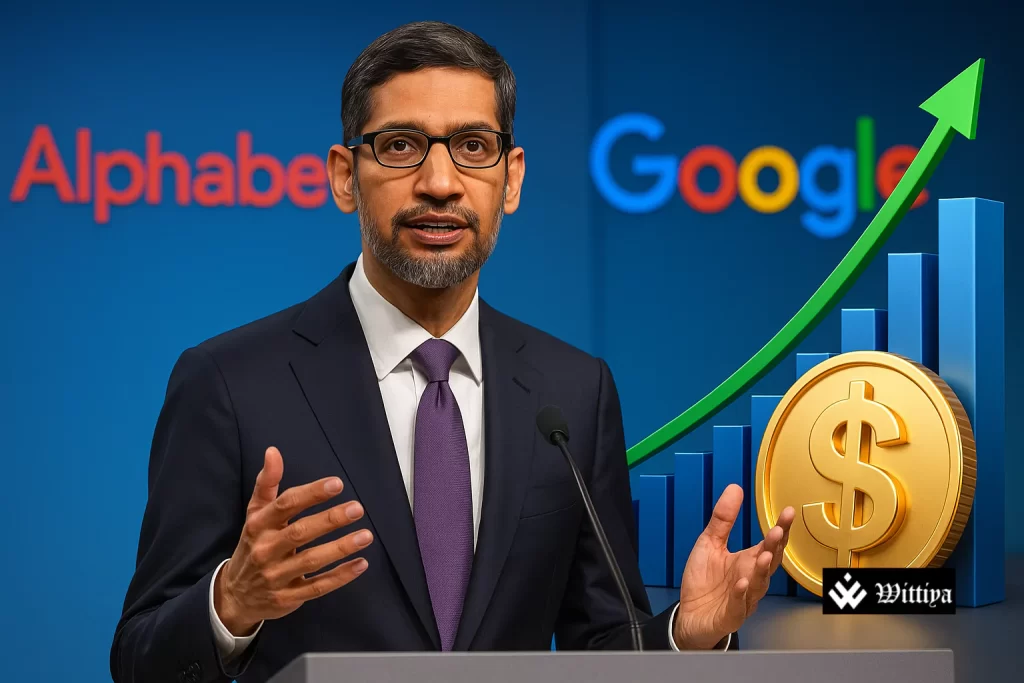 Sundar Pichai, CEO of Alphabet, following a stock surge that increased his net worth.