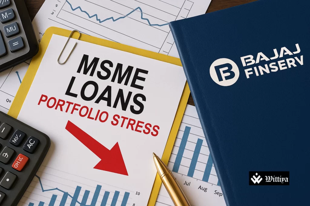 Bajaj Finance building with focus on its MSME loan portfolio and rising risk factors.