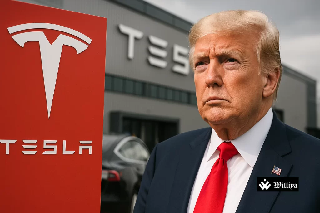 Donald Trump with Tesla logo, highlighting his unexpected support for Tesla despite previous tensions with Elon Musk.
