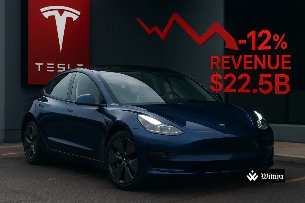 Tesla factory and logo symbolizing the company’s worst quarterly performance in a decade.