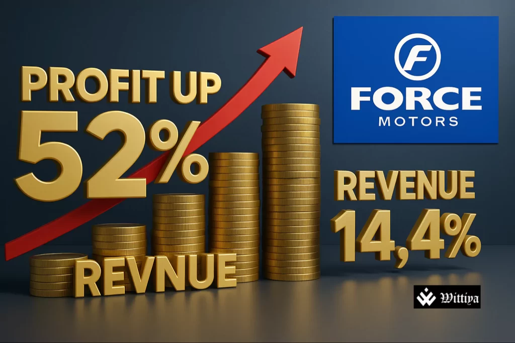 Force Motors vehicle assembly line and financial graph showing profit growth and margin improvement.